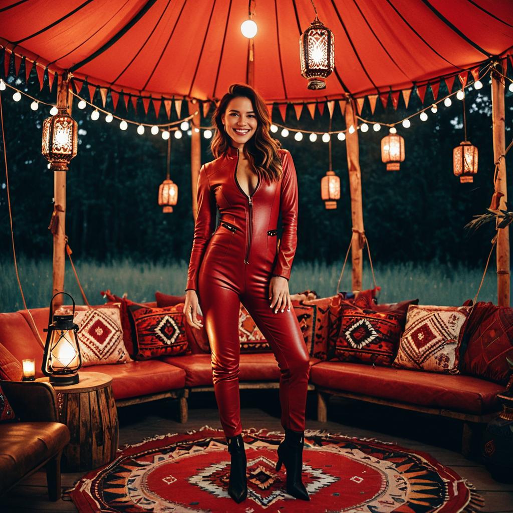 Woman in Red Leather Jumpsuit in Bohemian Tent
