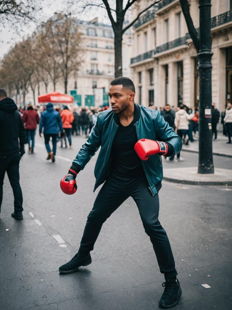 Man in Red Boxing Gloves on Urban Street