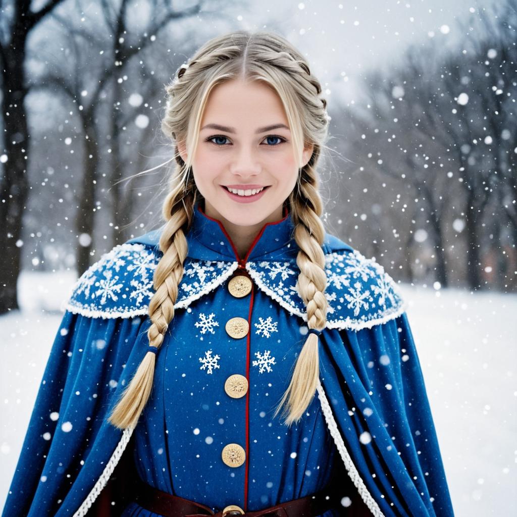 Young Woman in Blue Cloak in Snowy Landscape