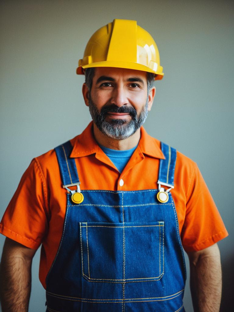 Man in Bob Builder Costume Photorealistic Cartoon Cosplay Portrait