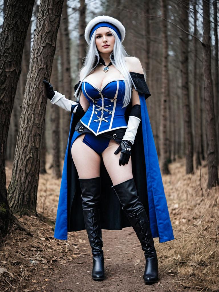Fantasy Woman Cosplay in Blue Corset and Cape Outdoor Forest