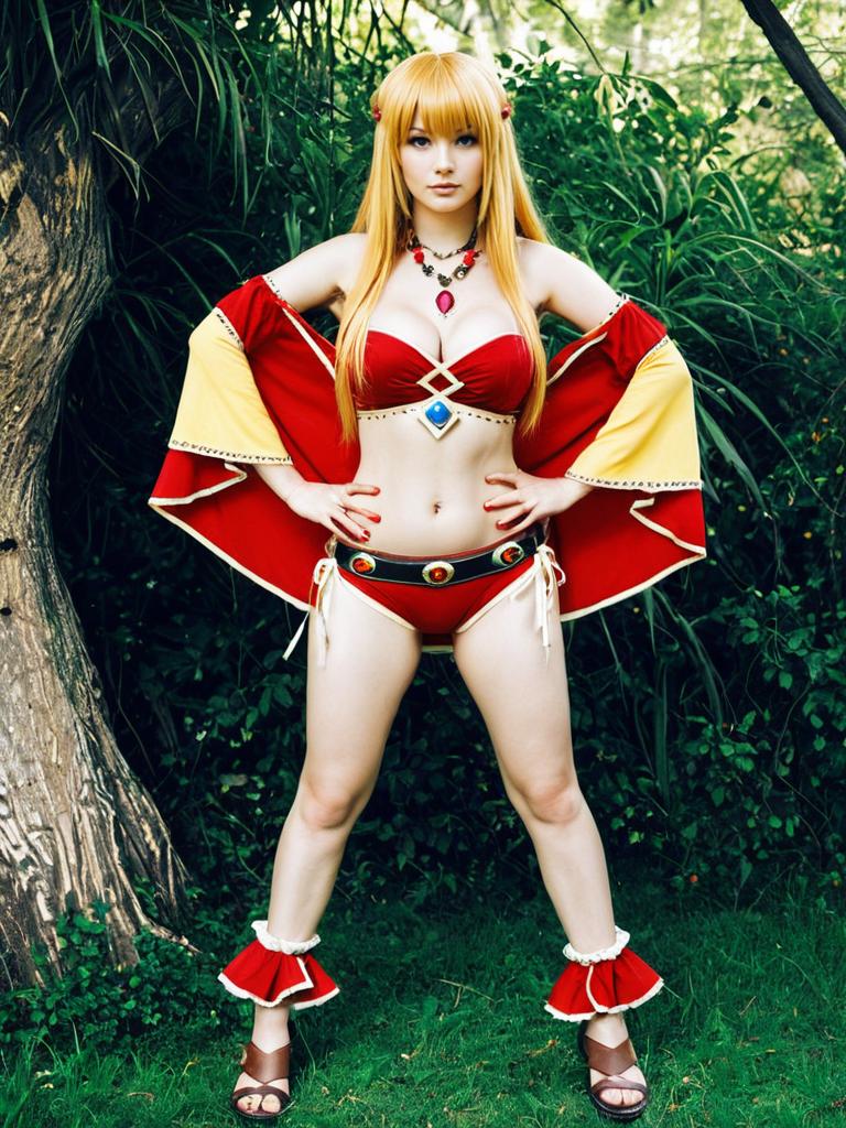 Gypsy Ragnarok Online Cosplay Woman in Detailed Red and Yellow Costume