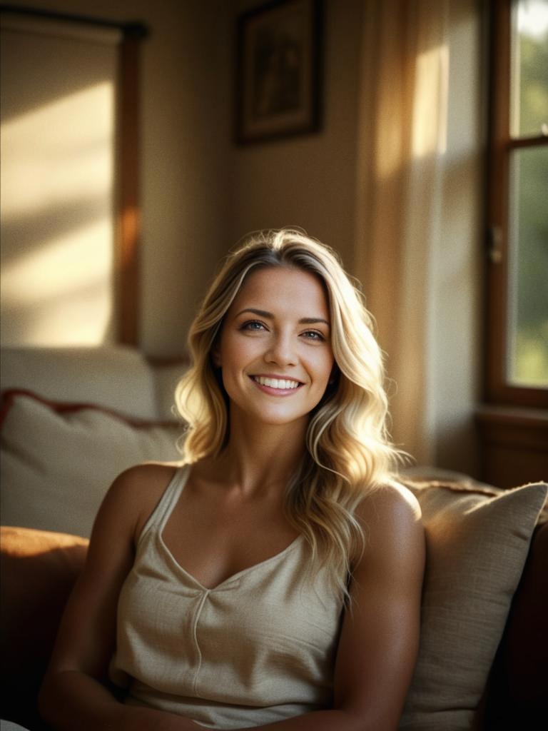 Smiling Woman with Blonde Hair in Sunlit Background