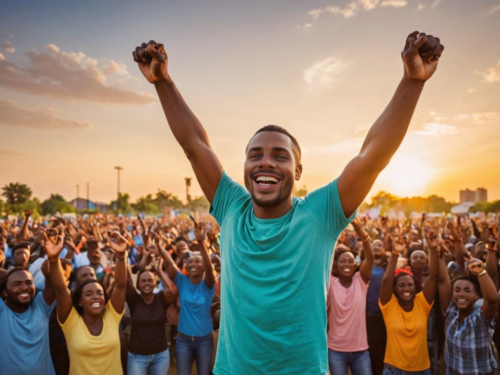 Joyful man celebrates victory in a cheering crowd at sunset