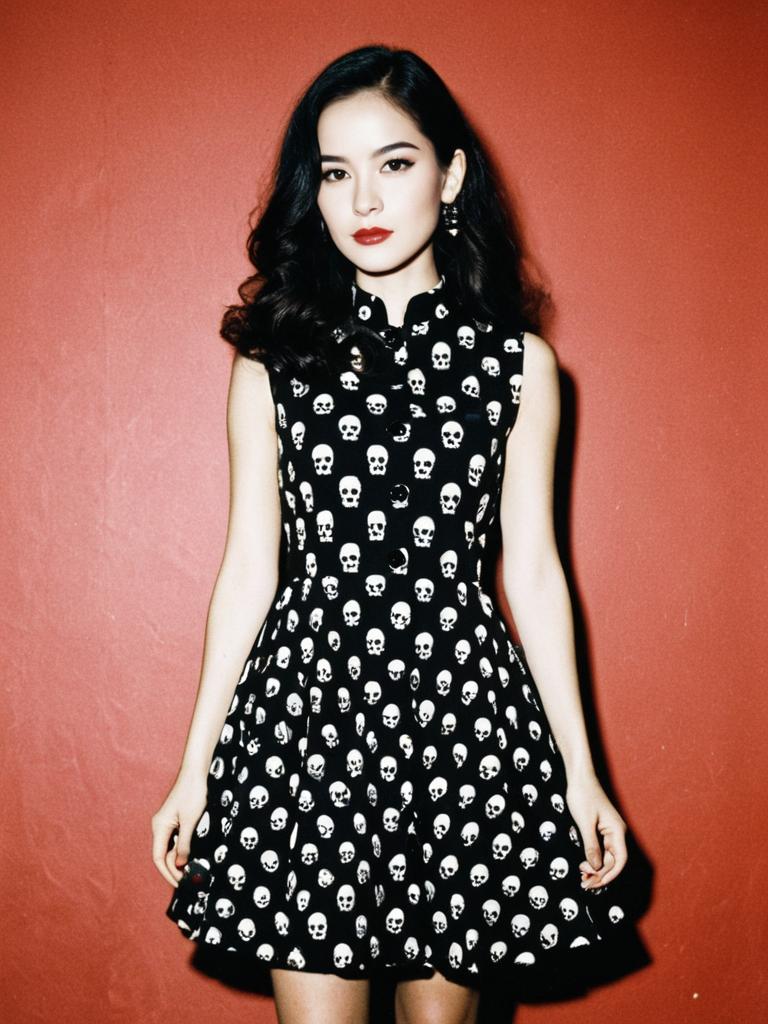 Woman in Gothic-Inspired Black Sleeveless Dress with Skull Print