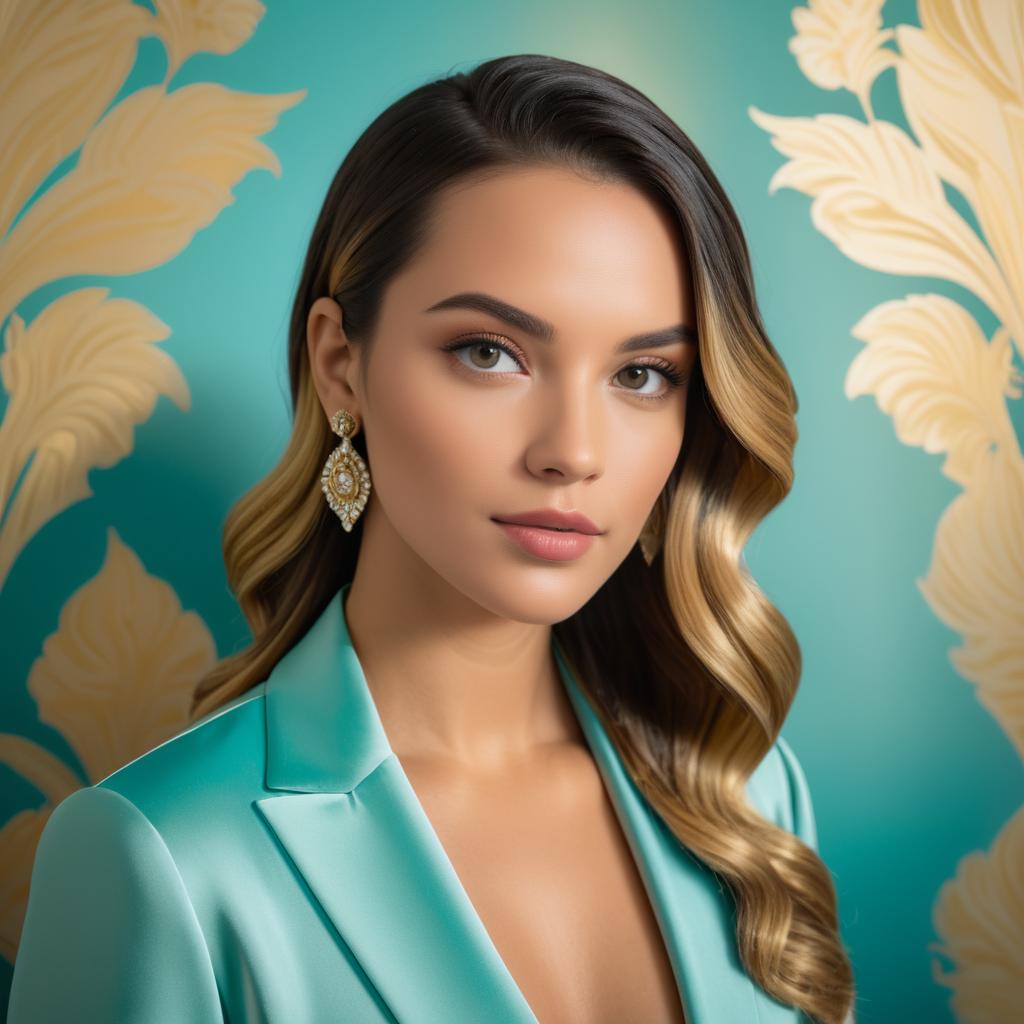 Elegant Portrait of Woman in Mint Blazer with Wavy Hair