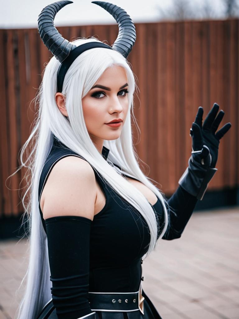 Air Defense Princess Dark Fantasy Cosplay with White Hair and Horns