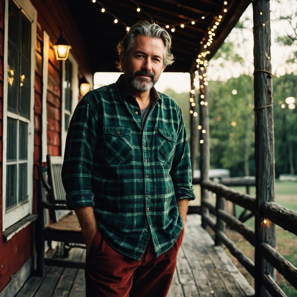 Middle-Aged Man on Rustic Cabin Porch in Green Plaid Shirt