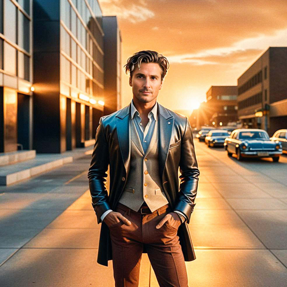 Stylish Man in Leather Coat at Sunset