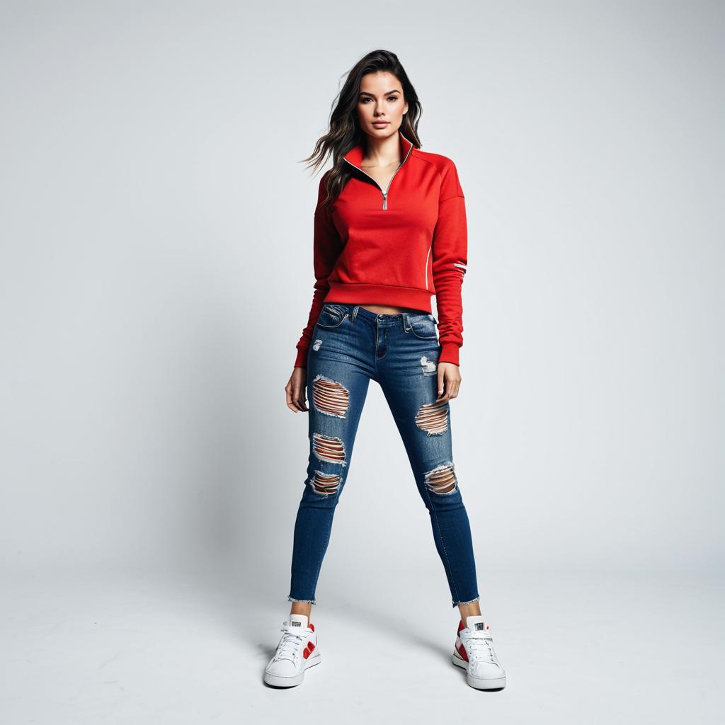 Confident Woman in Red Sportswear and Distressed Jeans Standing on Gray Background