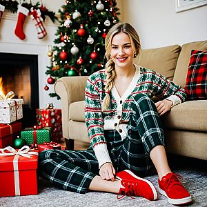 Smiling Woman in Festive Christmas Living Room