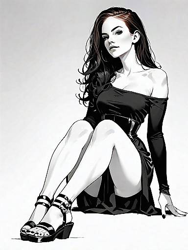 Realistic Comic Style Woman in Black Dress Full Body Illustration