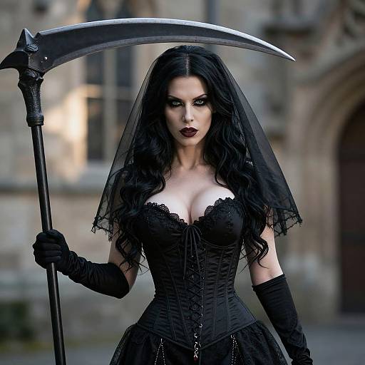 Gothic Woman in Black Corset and Veil Holding Scythe
