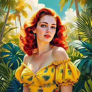 Vibrant Woman with Red Hair in Tropical Setting