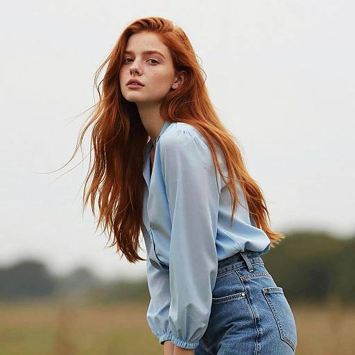 Young Redhead Woman in Light Blue Blouse and Denim Jeans Outdoor Portrait