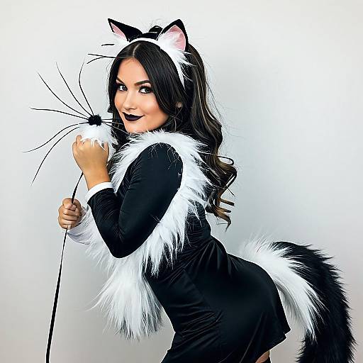 Woman in Playful Black and White Cat Costume with Furry Tail