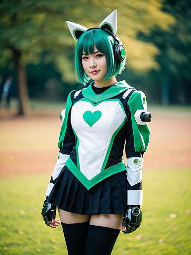 Futuristic Anime Cosplay Woman in Green Heart Costume with Cat-Ear Headphones