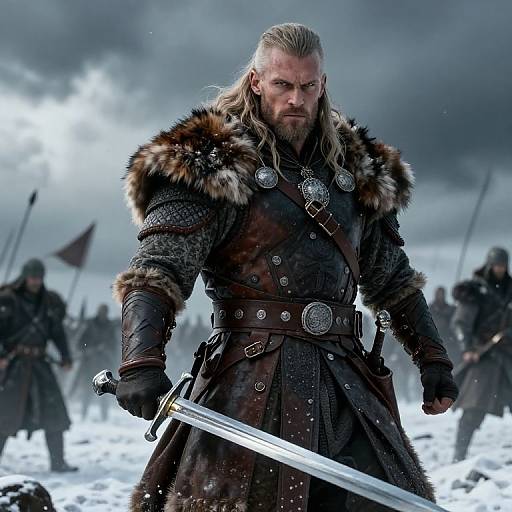Viking Warrior in Fur and Leather Armor Holding Sword on Snowy Battlefield