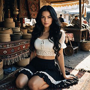 Young Woman Sitting in Traditional Market with Lace Crop Top and Black Skirt