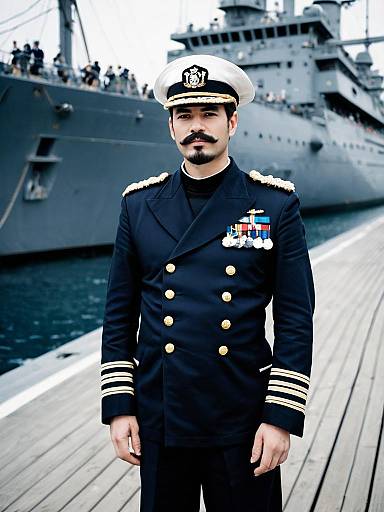 Naval Admiral in Formal Uniform Standing by Military Ship
