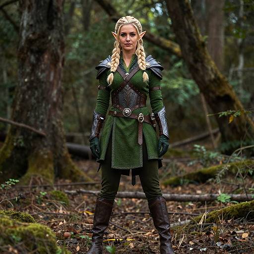 Fantasy Elf Warrior Woman in Medieval Armor in Forest