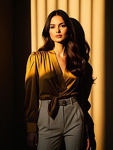 Woman Wearing Contemporary Chic Soft Gold Blouse with Knot Detail and White Trousers