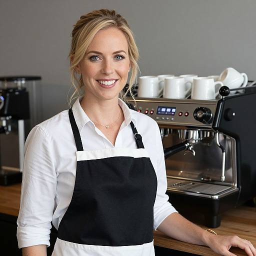 Smiling Woman Barista in Coffee Shop with Espresso Machine