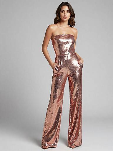 Rose Gold Sequin Strapless Jumpsuit on Woman Fashion Studio