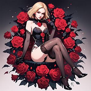 Anime Style Woman in Black Lingerie with Red Roses Digital Artwork