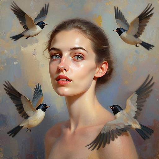 Hyperrealistic Portrait of Woman with Swallows Surrounded by Birds