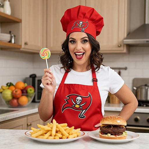 Cheerful Woman Chef with Fries and Burger in Kitchen