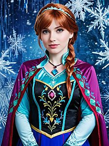 Woman in Embroidered Costume with Purple Cape and Snowflakes