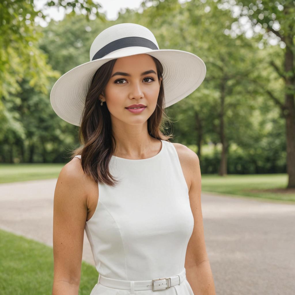 Elegant Woman in White Dress and Hat