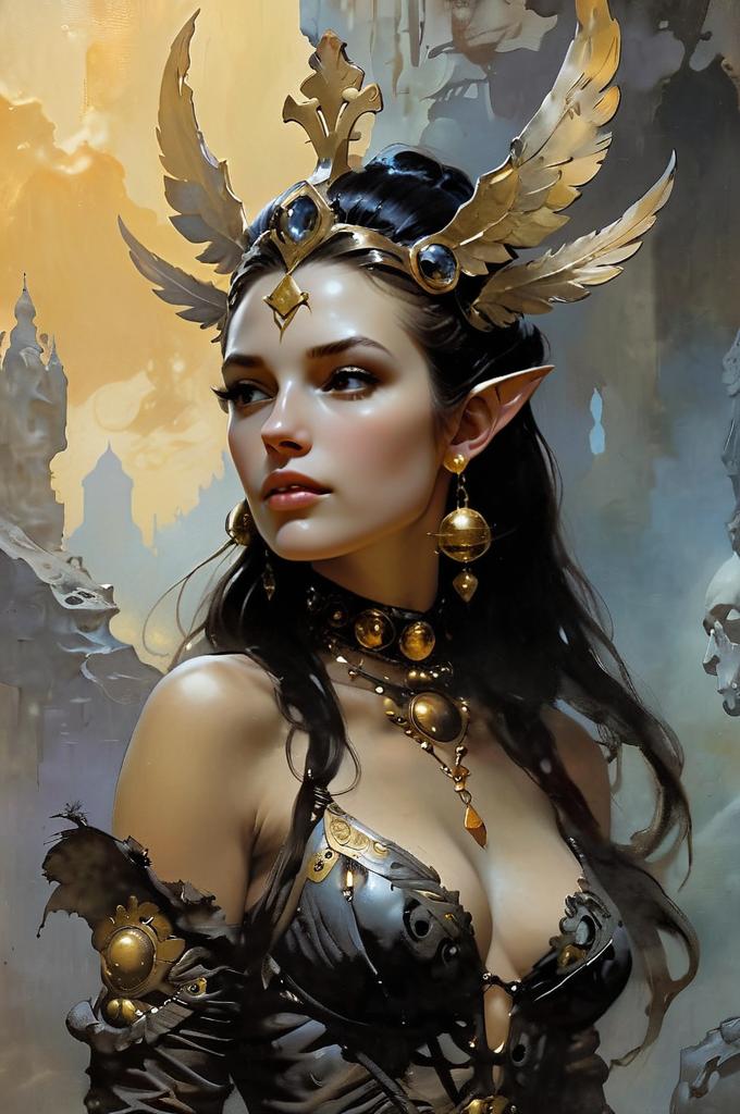Regal Elven Woman in Ornate Black and Gold Armor Fantasy Artwork