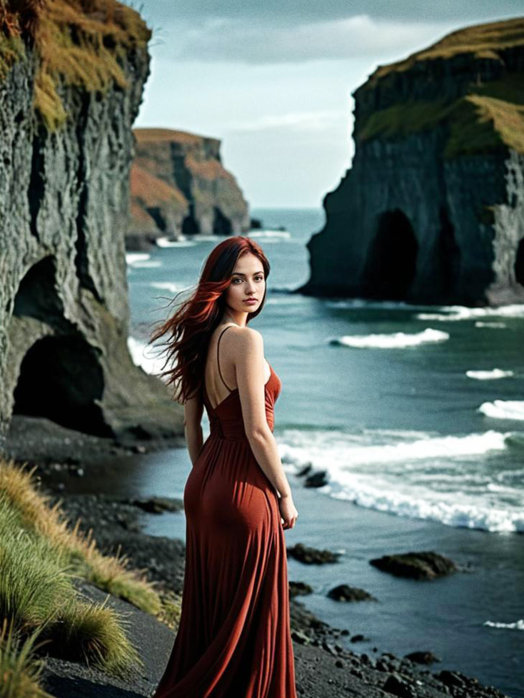 Woman in Rust Dress by Rugged Coastline