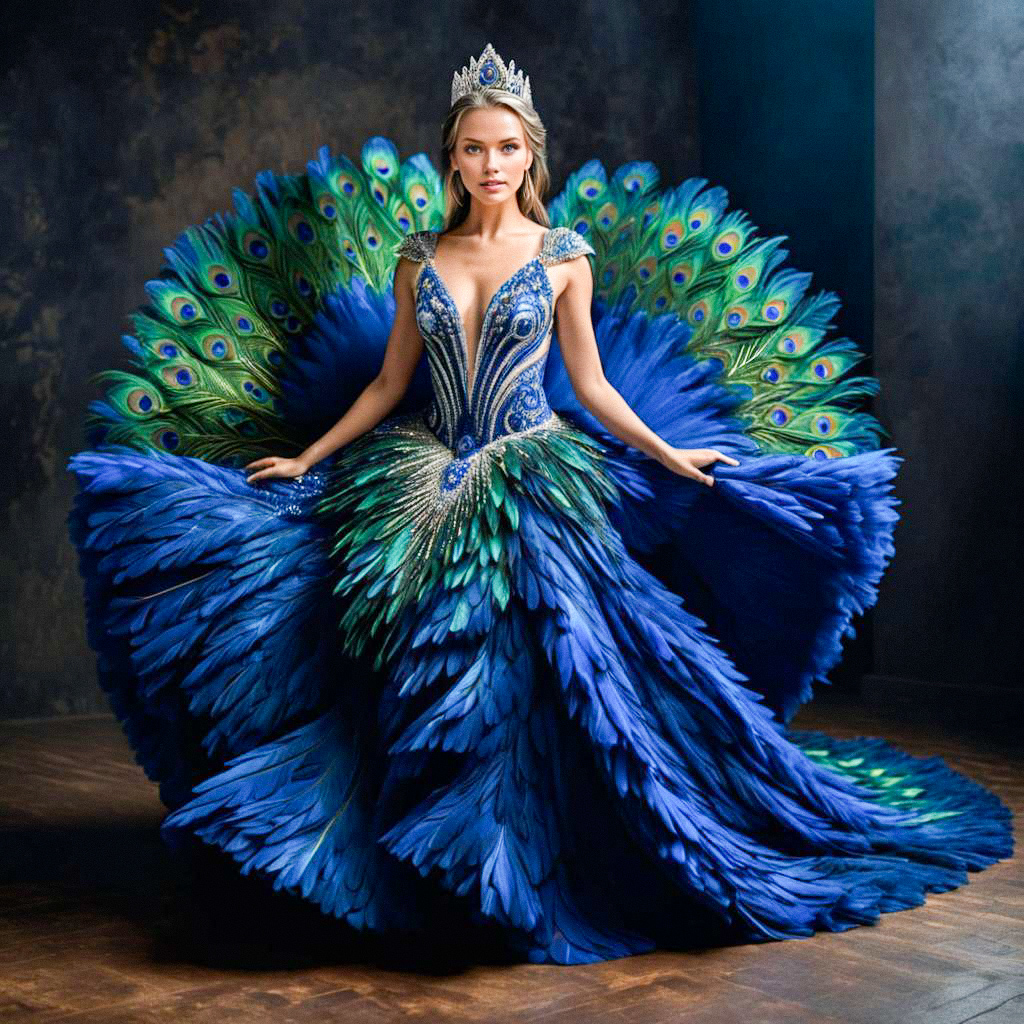 Elegant Woman in Peacock-Inspired Gown