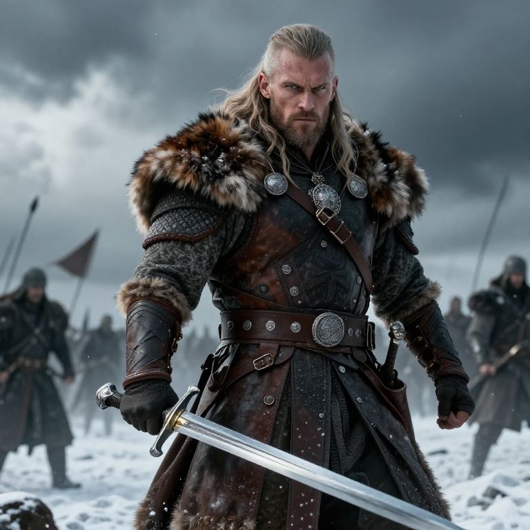 Viking Warrior in Fur and Leather Armor Holding Sword on Snowy Battlefield