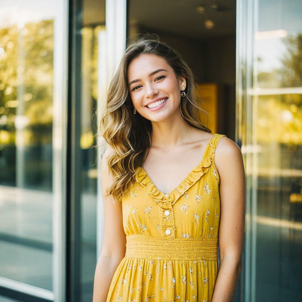 Cheerful Woman in Yellow Floral Dress