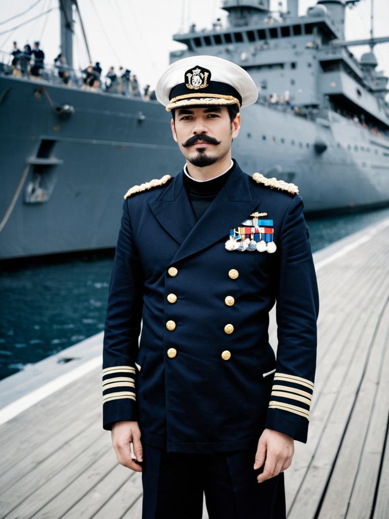 Naval Admiral in Formal Uniform Standing by Military Ship