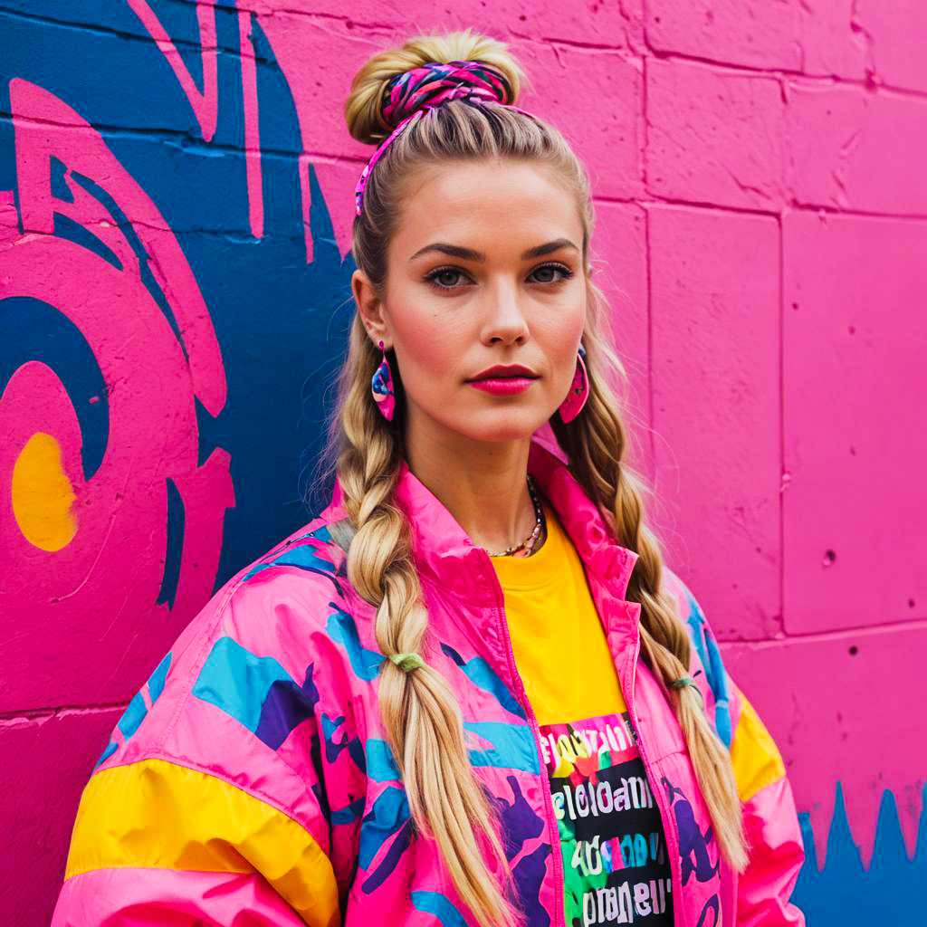 Stylish Woman in Colorful Outfit on Pink Background