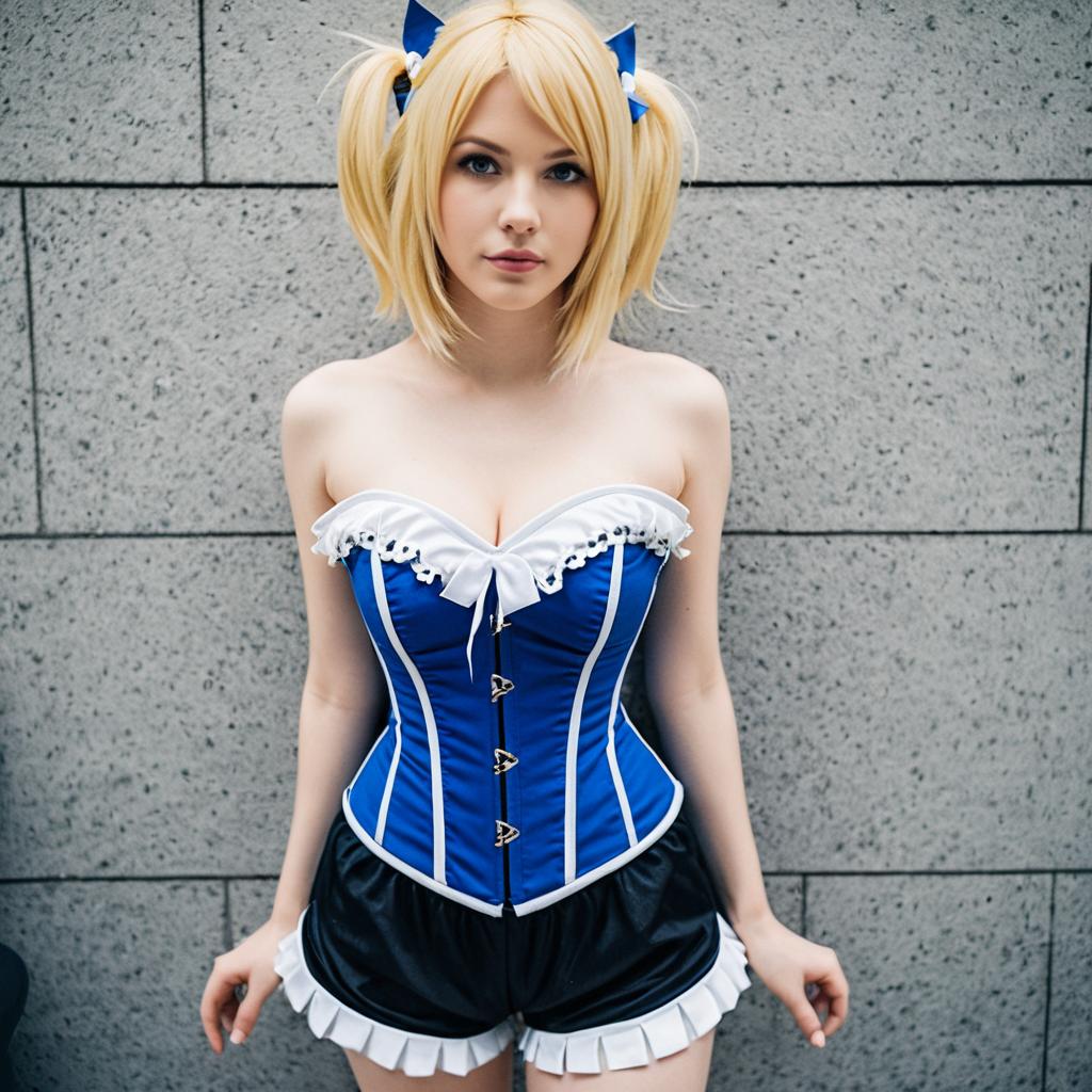 Blonde Woman Cosplaying in Blue Corset and Black Ruffled Shorts