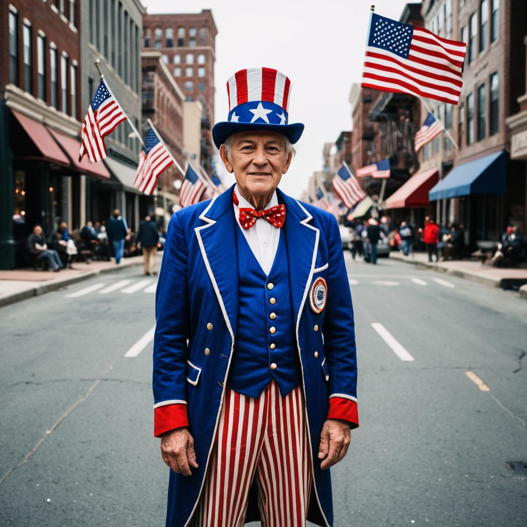 Patriotic Man in Costume with American Flags