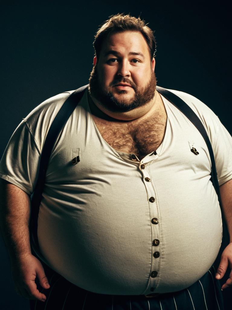 Man in Fat Guy Costume Photorealistic Humorous Studio Portrait