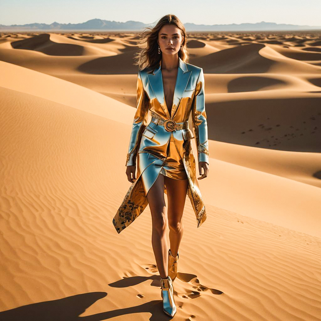 Stylish Woman in Metallic Coat Dress at Desert Dunes