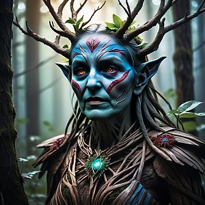 Mystical Woman with Blue Skin and Glowing Eyes in Forest