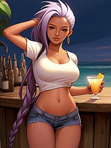 Confident Young Woman at Beachside Bar with Tropical Cocktail
