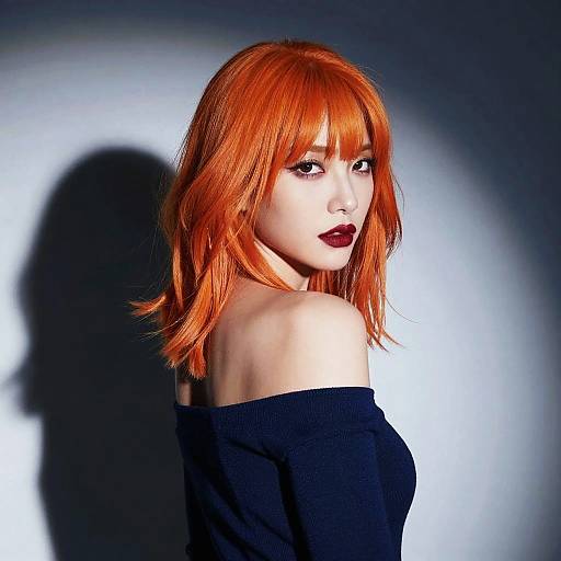 Portrait of Woman with Vibrant Orange Hair and Bold Makeup in Off-Shoulder Top