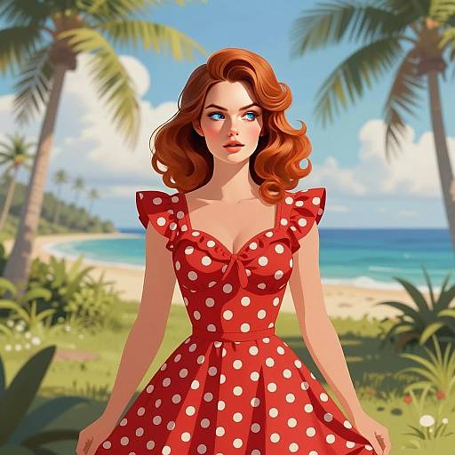 Retro Style Woman in Red Polka Dot Dress on Tropical Beach Illustration