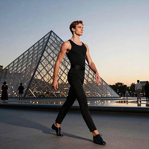 Young Man Walking Past Louvre Pyramid in Modern Black Outfit