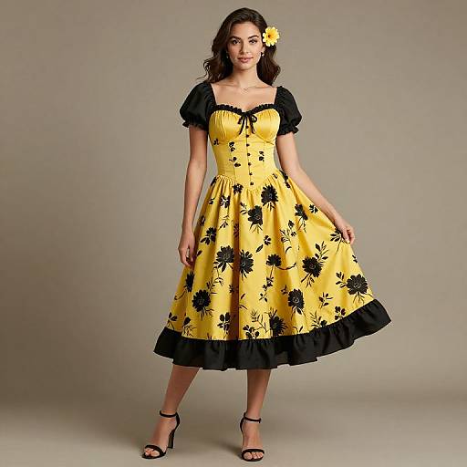 Vintage Style Yellow Black Floral Midi Dress with Puff Sleeves